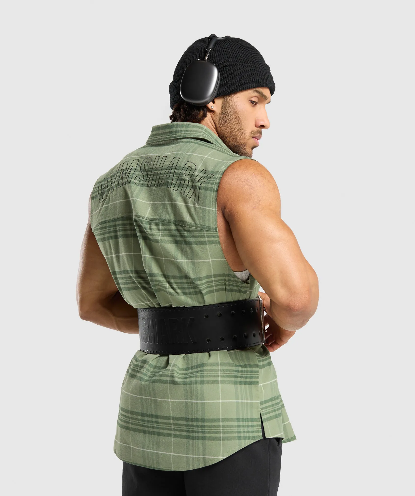 Gymshark Check Sleeveless Shirt - Natural Sage Green