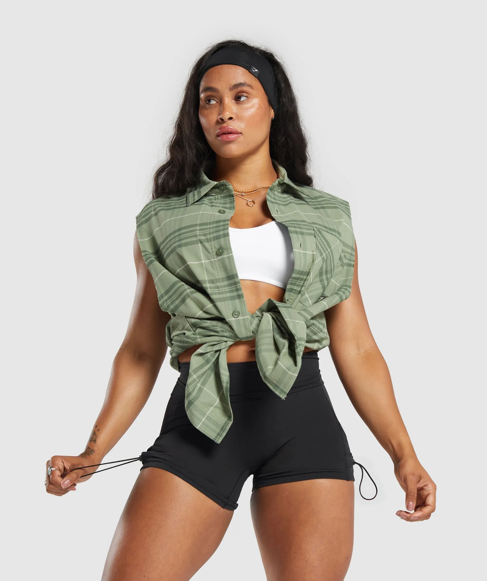 Gymshark Check Sleeveless Shirt - Natural Sage Green