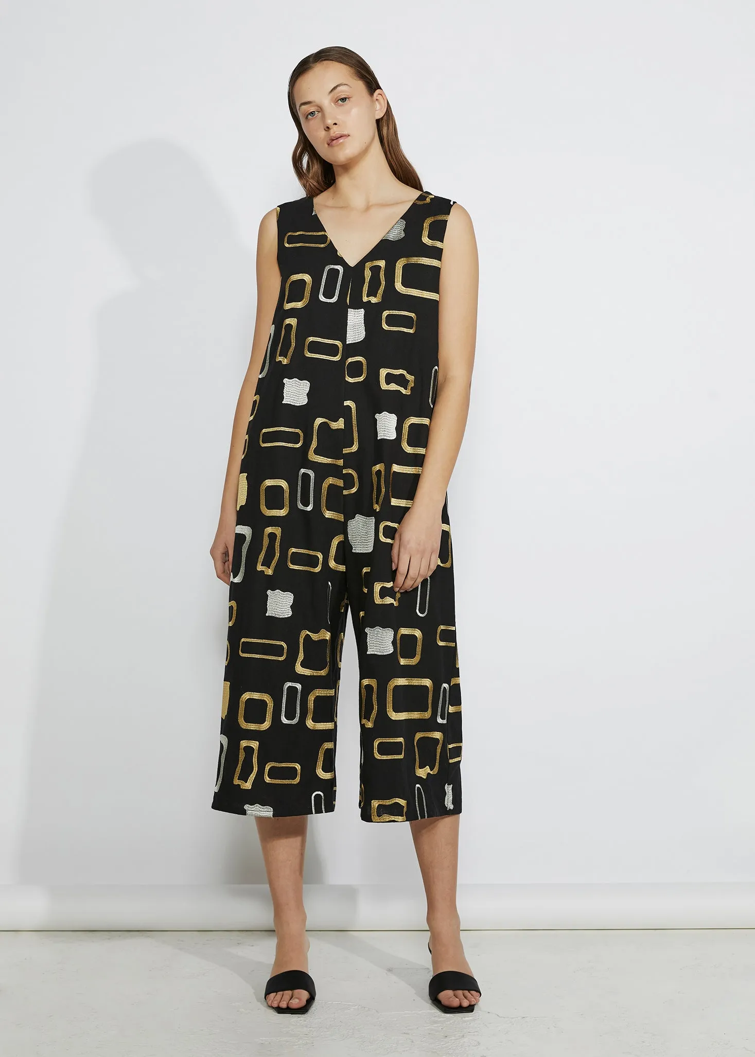 HEAVY METAL JUMPSUIT [ Gold, Silver Patterned Embroidery On Black Cotton ]