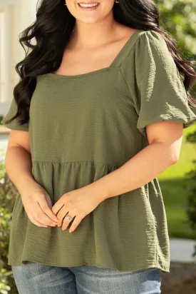 Jungle Green Solid Short Sleeve Square Neck Plus Babydoll Top