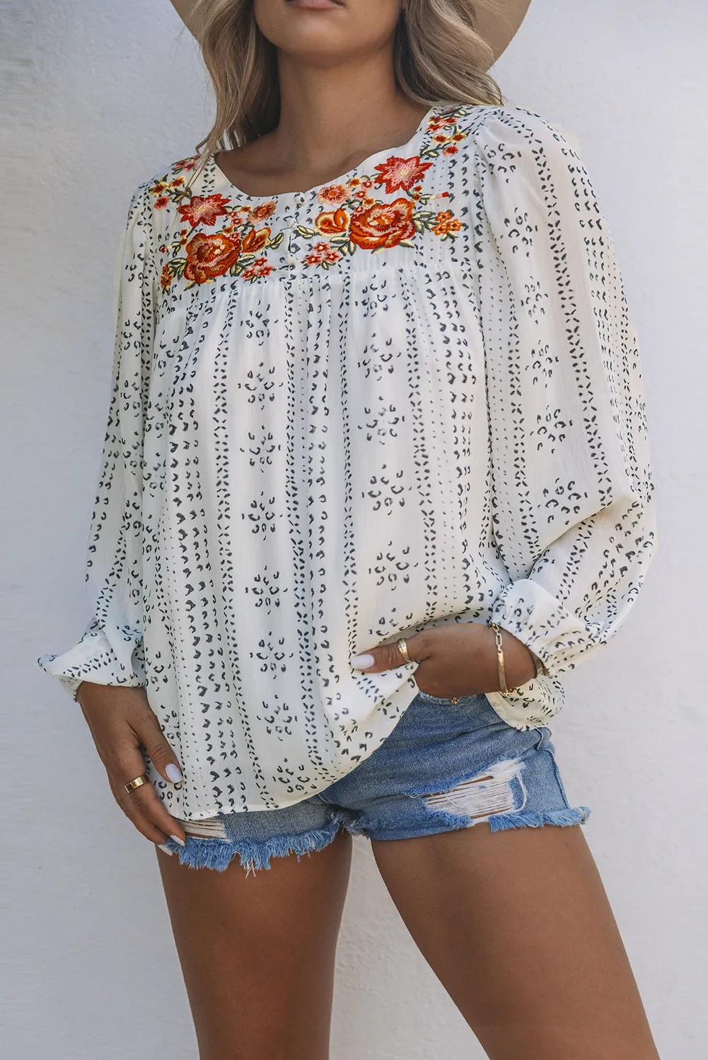 Long Sleeve Embroidered Print Blouse