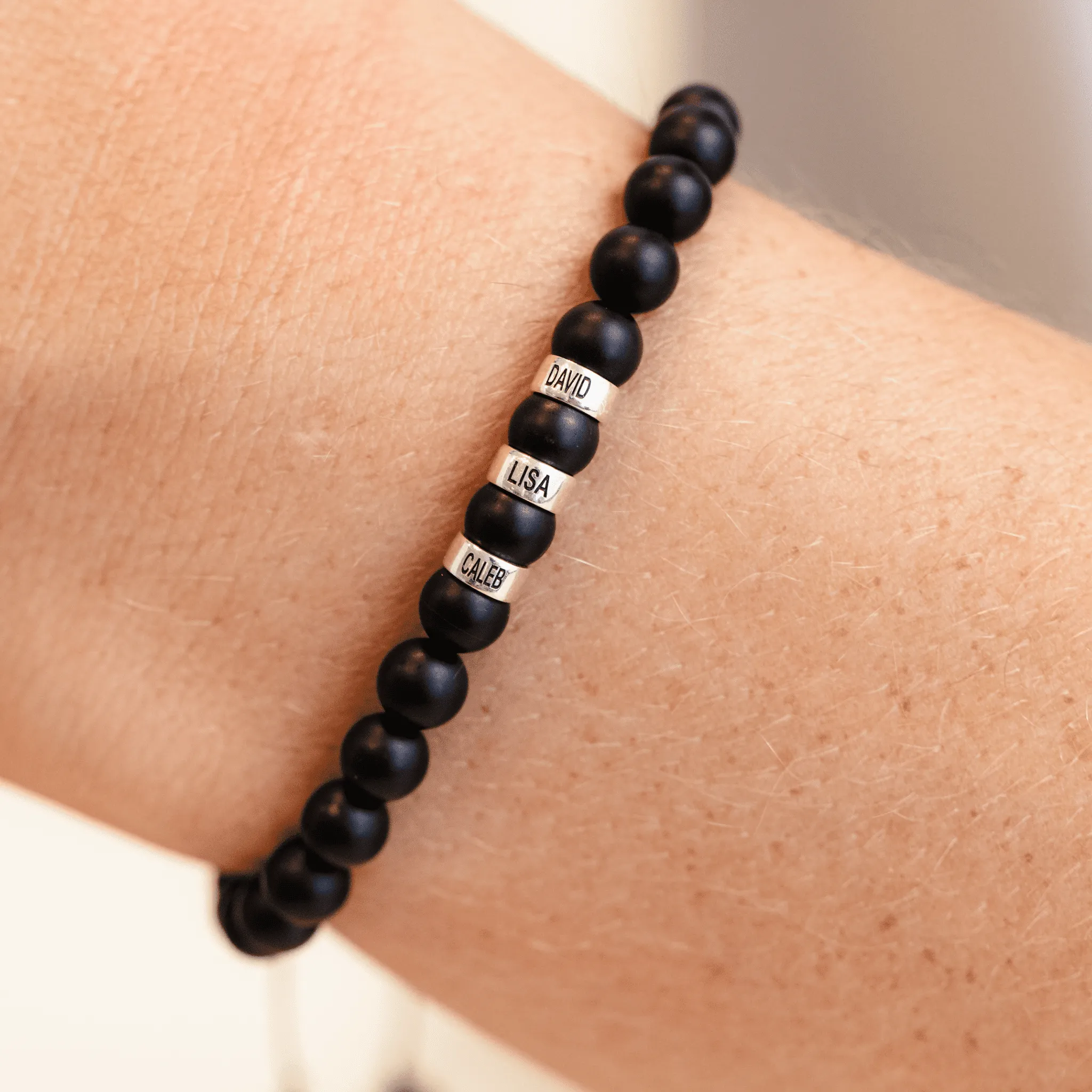 Men's Black Onyx Engravable Bead Bracelet - 925 Sterling Silver