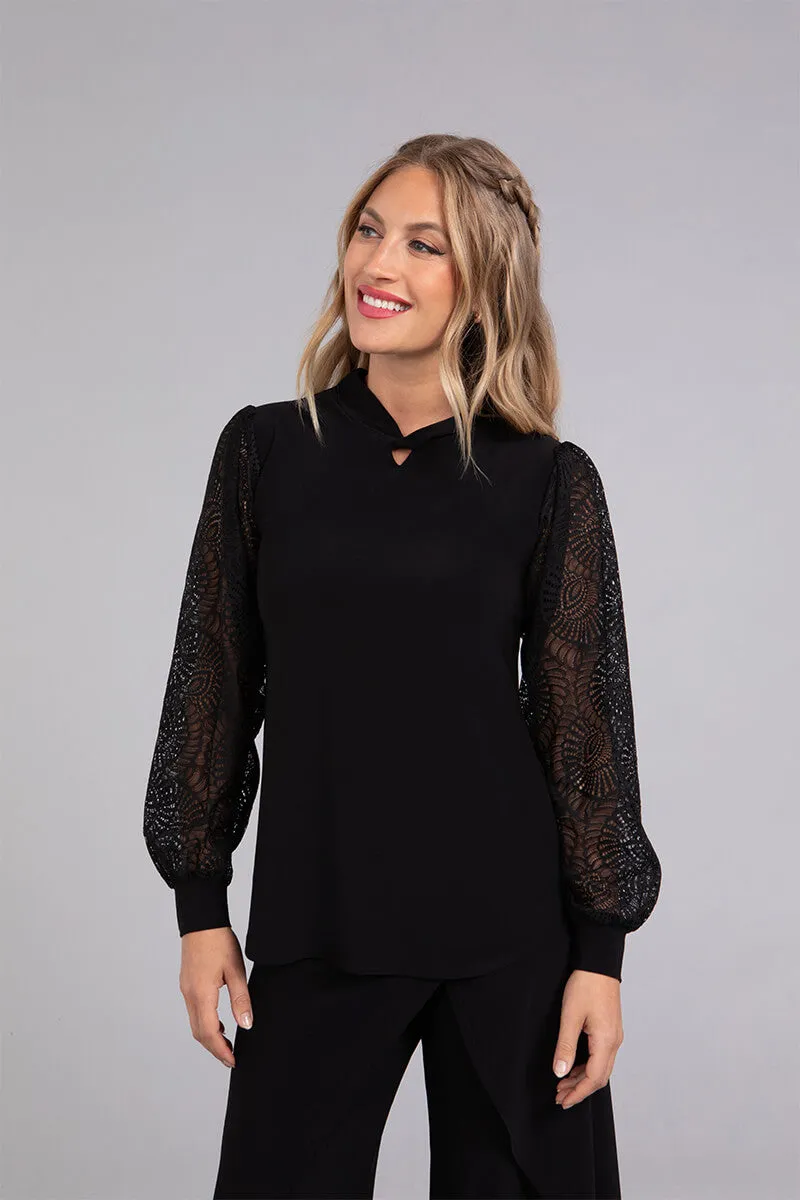 Mix Lace Twist Neck Top | Black