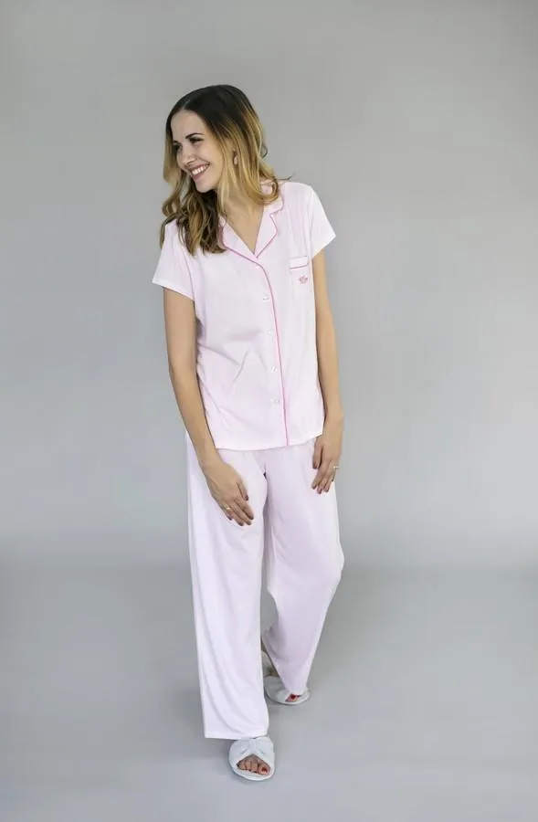 Mom Pink Stripe Notch Collar PJ Set