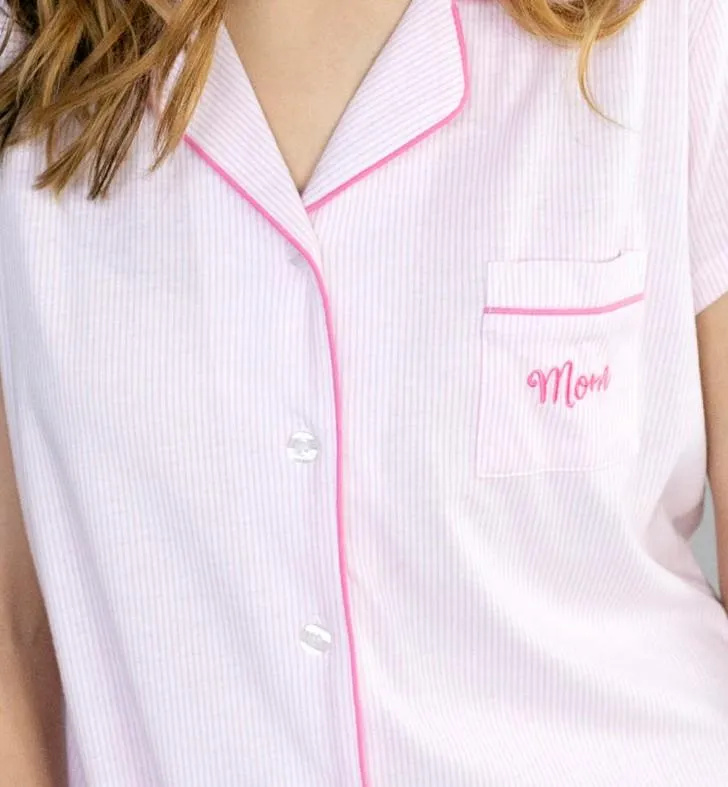 Mom Pink Stripe Notch Collar PJ Set