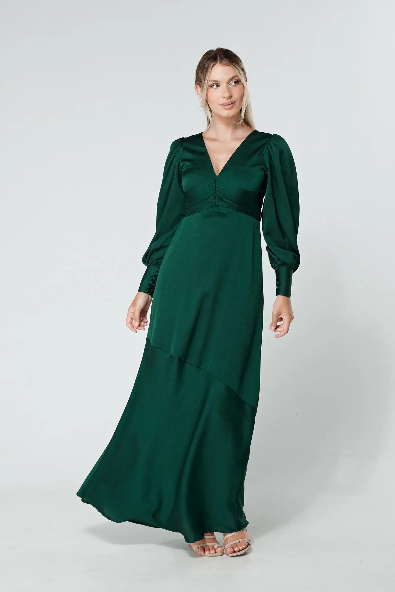 Naomi Dark Green Light Satin-Crepe Maxi Dress With Long Sleeves