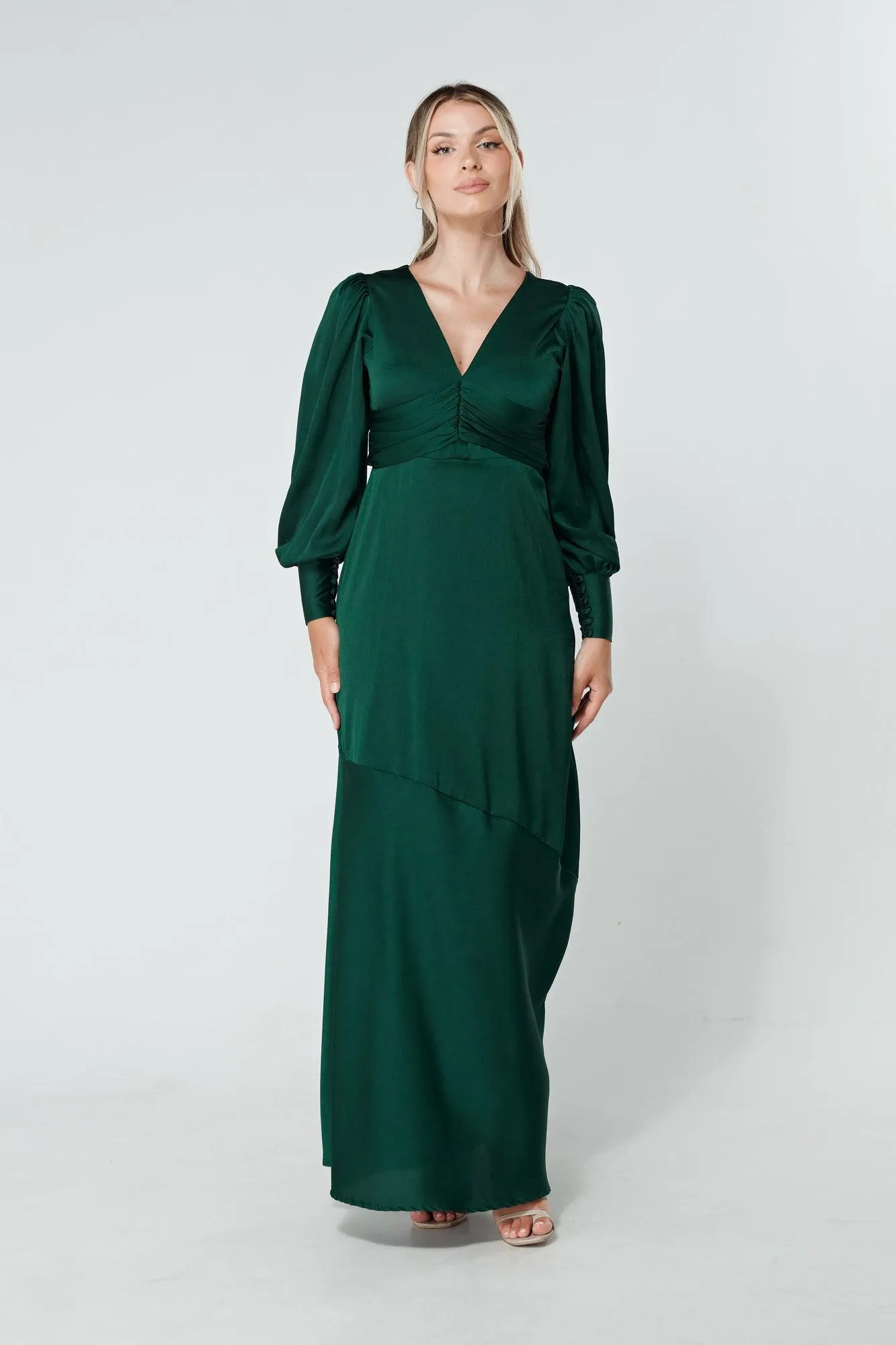 Naomi Dark Green Light Satin-Crepe Maxi Dress With Long Sleeves