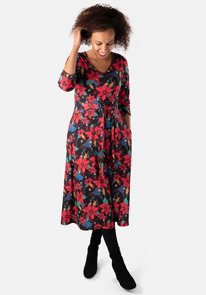 Neve Black Poinsettia Print Midi Dress