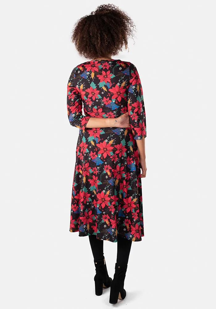 Neve Black Poinsettia Print Midi Dress