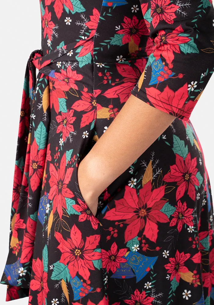 Neve Black Poinsettia Print Midi Dress