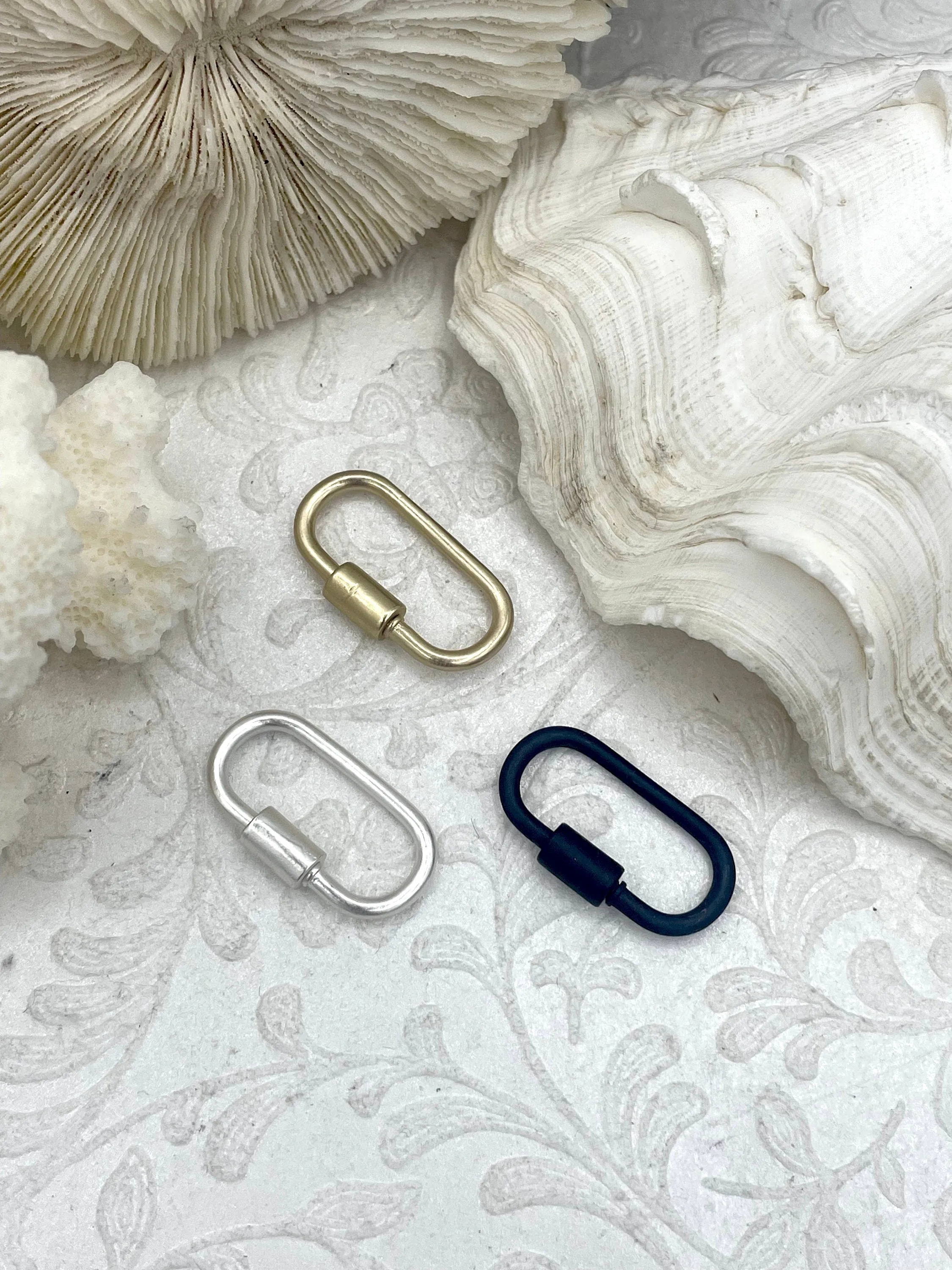 Oval Carabiner lock clasp. Mixed Metals, Brass Carabiner Screw Clasp, Carabiner Screw Pendant, Screw Connector Lock. Matte Gun, Matte Gold