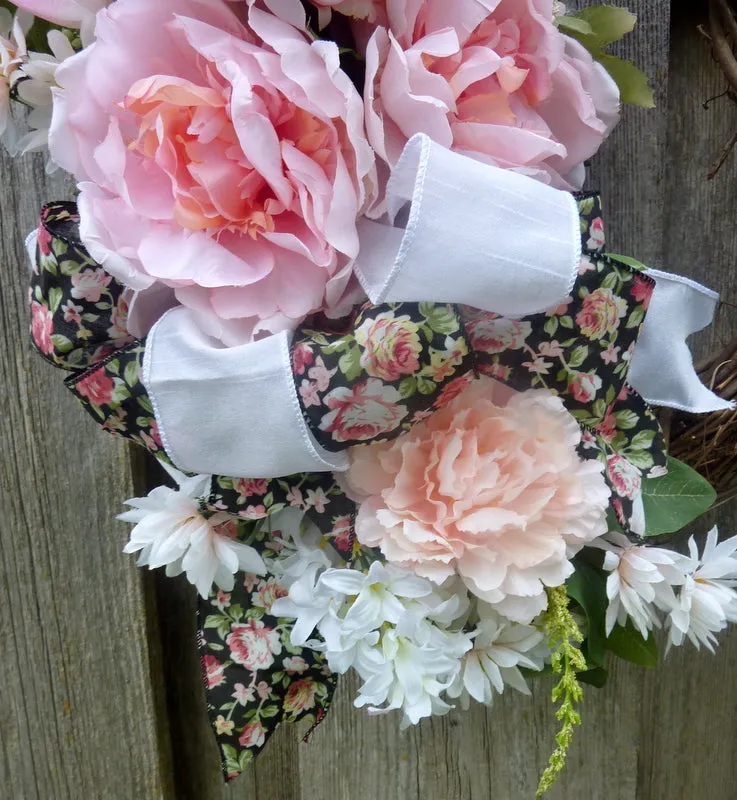 Peony Wreath for Spring, Pink and White Front door decor