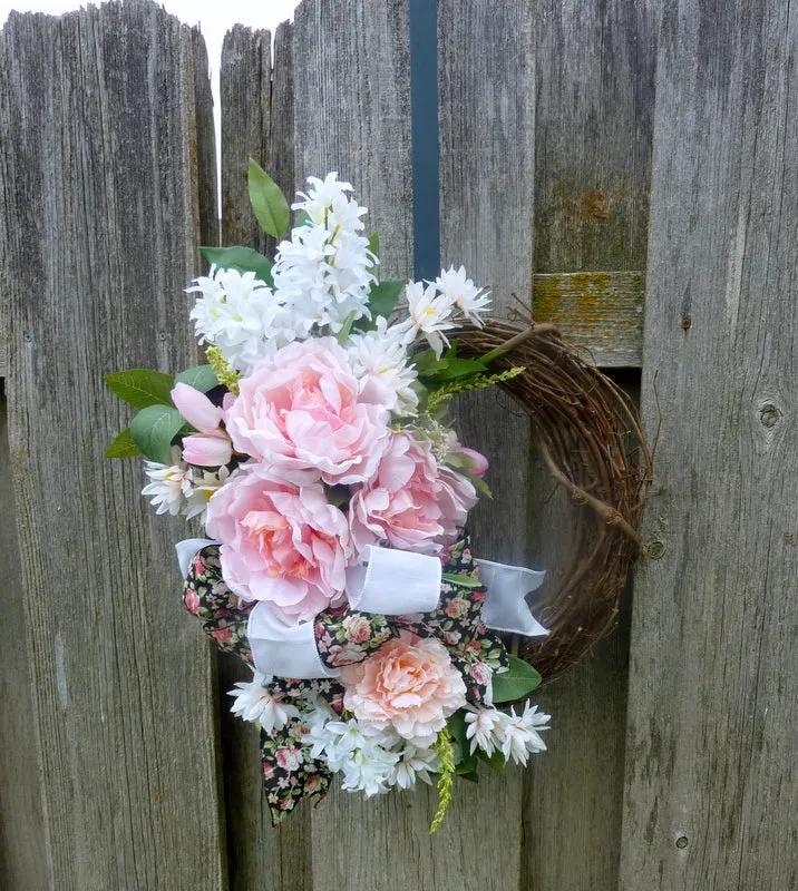 Peony Wreath for Spring, Pink and White Front door decor