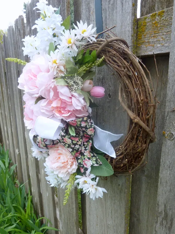 Peony Wreath for Spring, Pink and White Front door decor