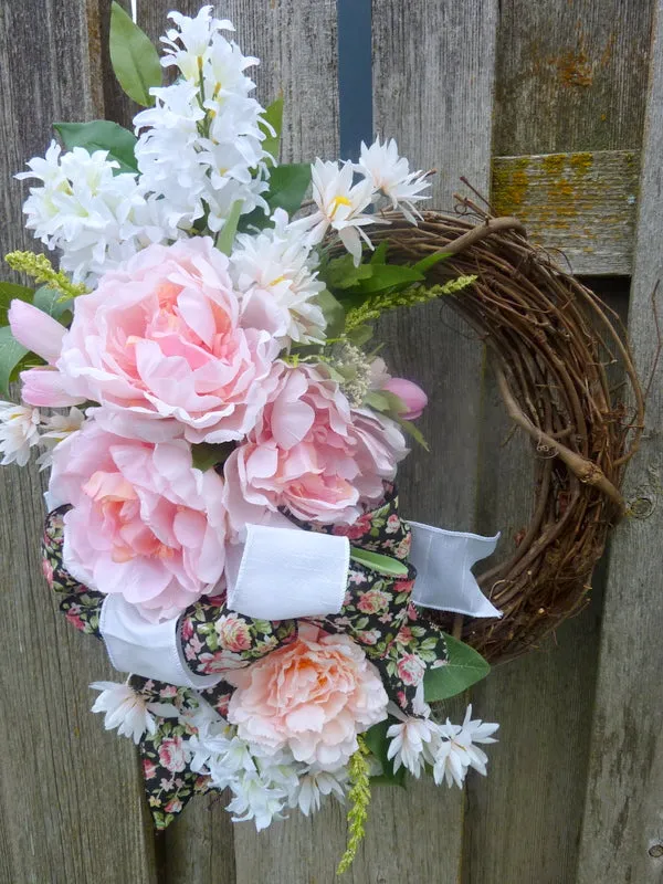 Peony Wreath for Spring, Pink and White Front door decor