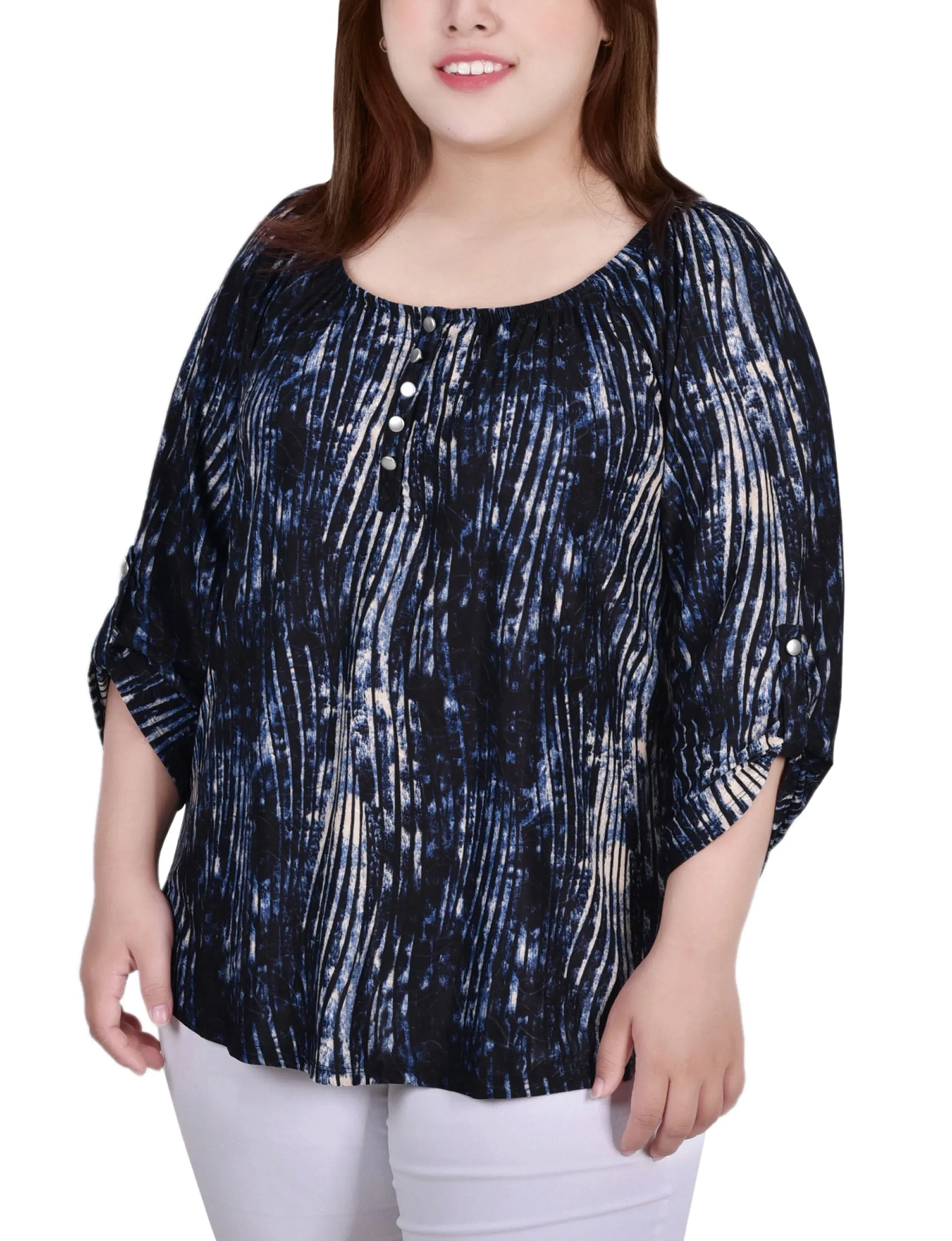 Plus Size 3/4 Push Tab Round Neck Top