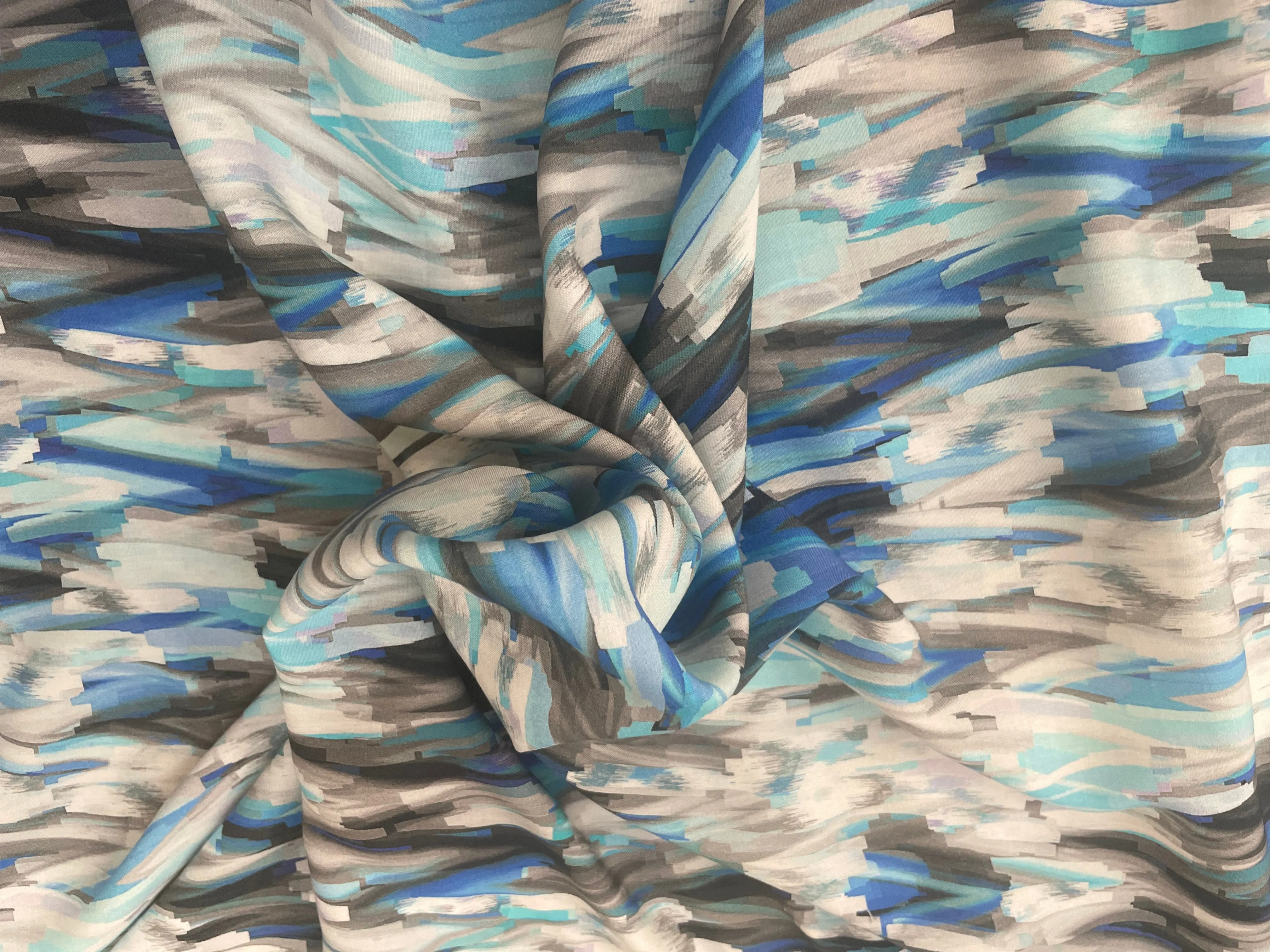 Rayon Geometric Digital Print - Blue, Grey & White