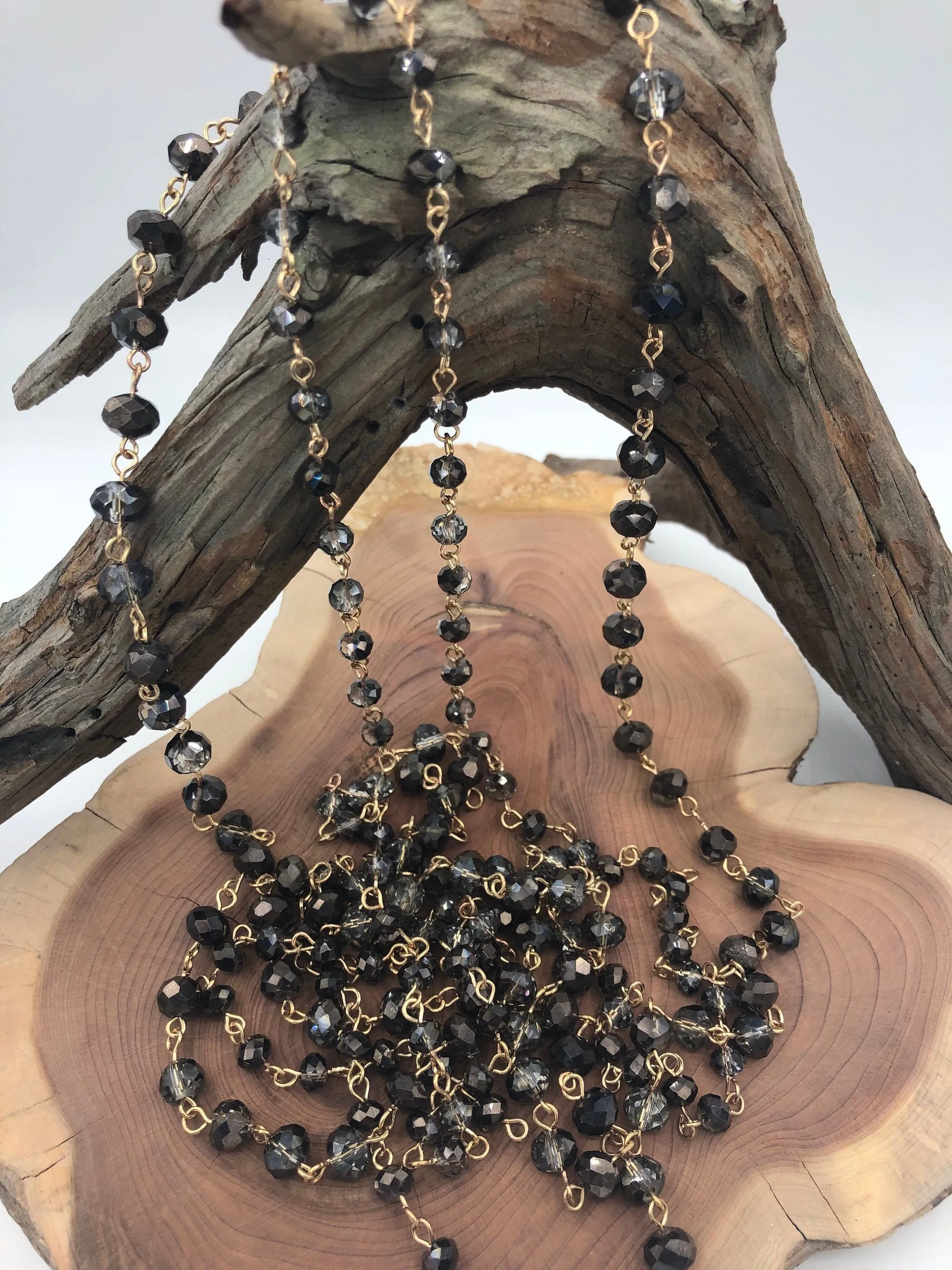 Smokey Grey Crystal Rondelle Rosary Beaded Chain, 8mm and 6mm Faceted glass beads, Available with gold or gunmetal, pin 1 Meter (39 ")