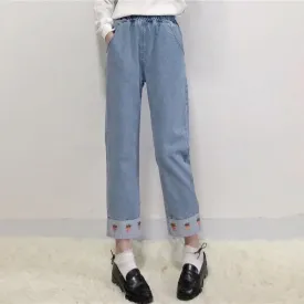 Strawberry Embroidered Straight-leg Pants