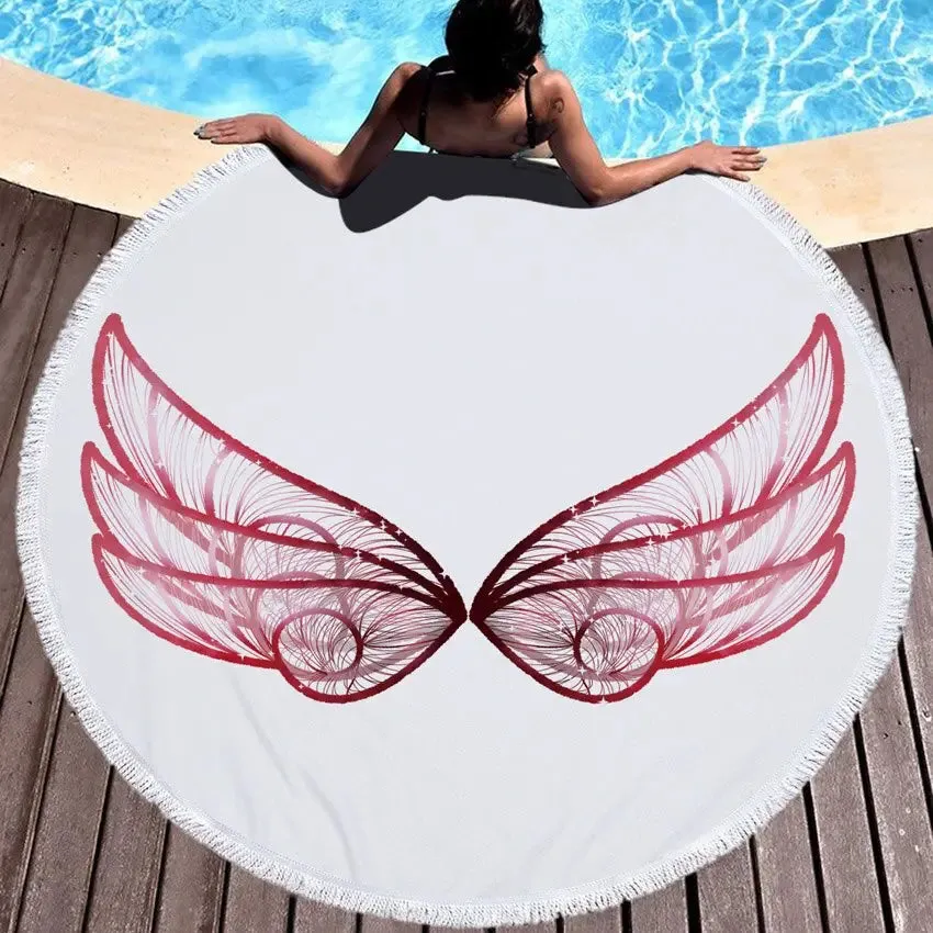 Summer Microfiber Round Beach Towel | Circle Fairy Cupid Wings Print | Shower, Bath, Yoga Mat, and Blanket | Stylish and Versatile