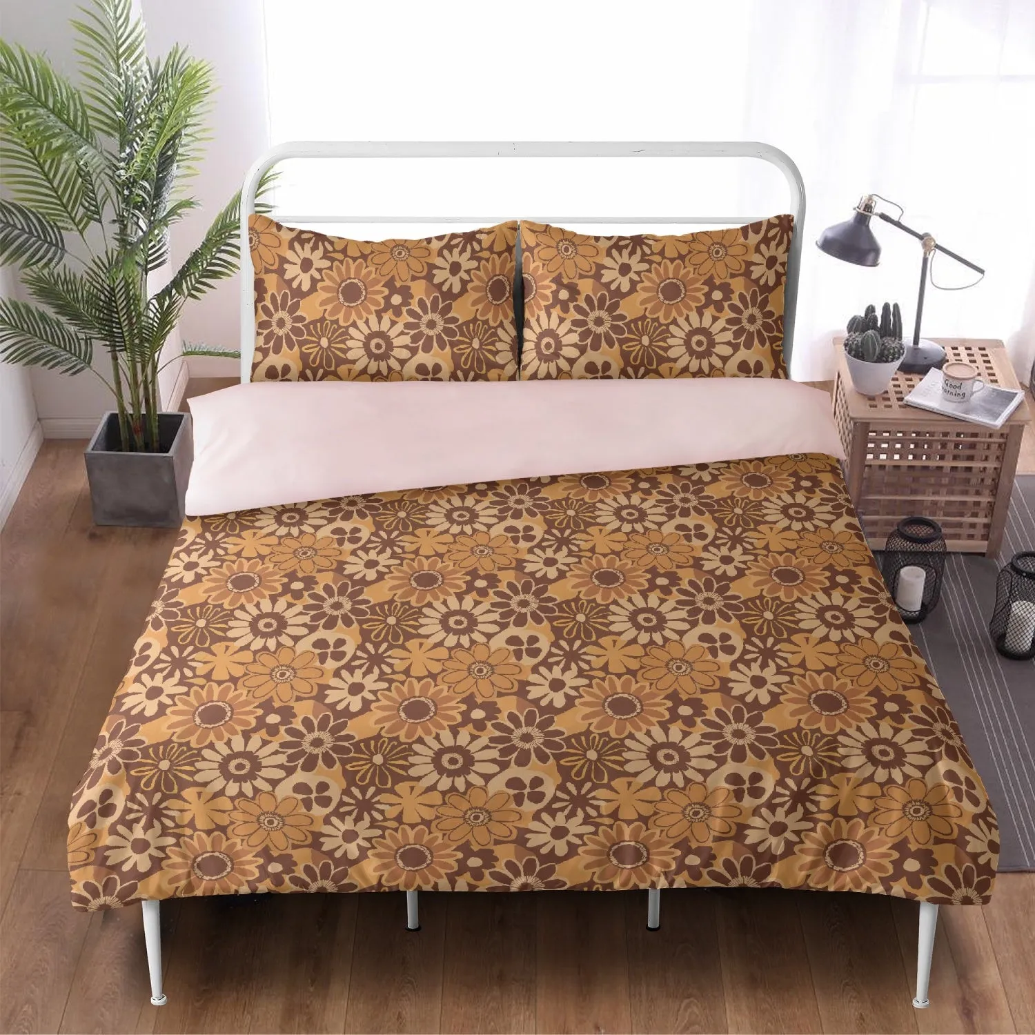 Vampire Art 3-Piece Retro Polyester Bedding Set - Brown 1970s Florals