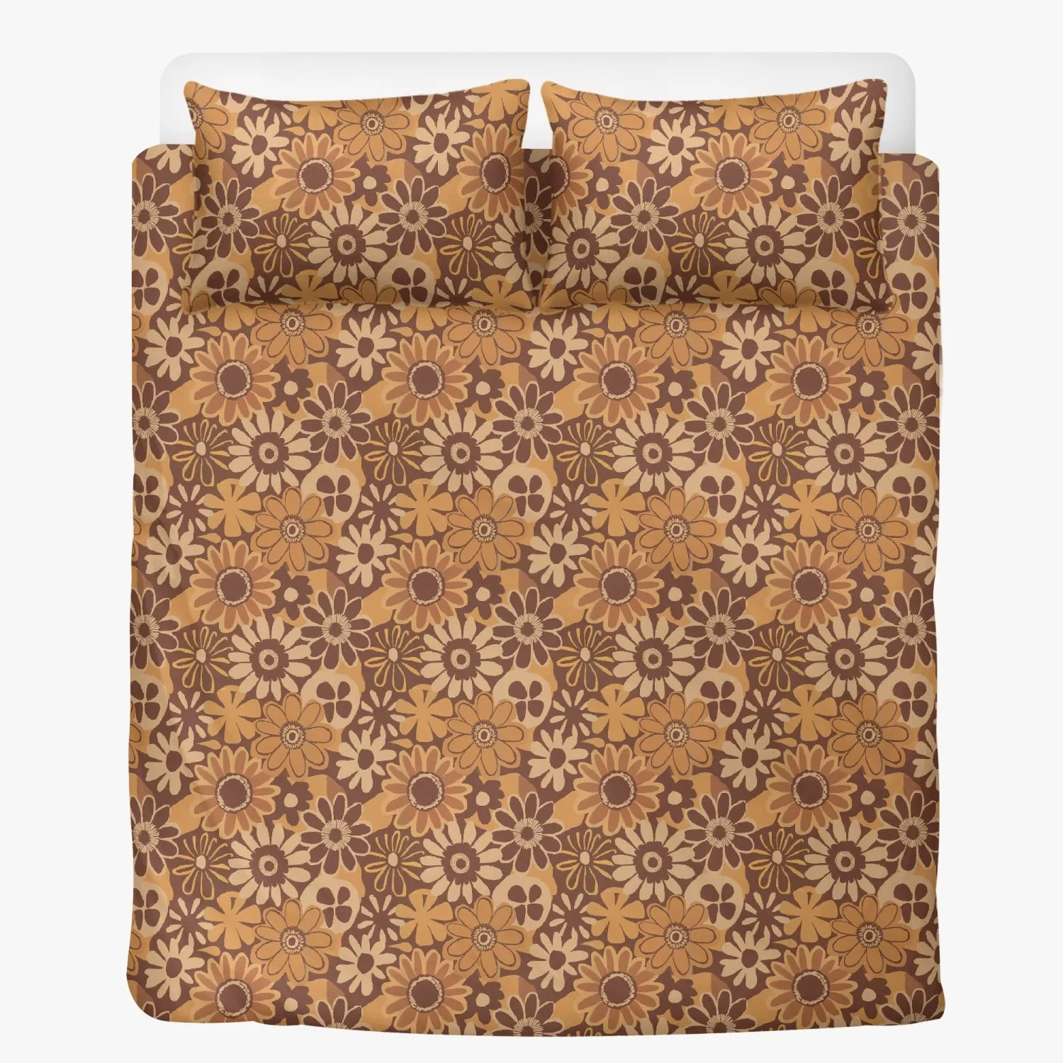 Vampire Art 3-Piece Retro Polyester Bedding Set - Brown 1970s Florals