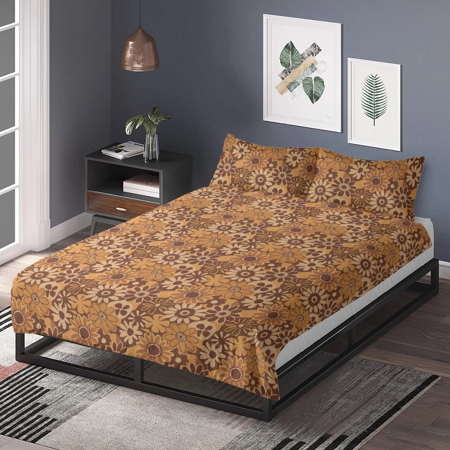 Vampire Art 3-Piece Retro Polyester Bedding Set - Brown 1970s Florals