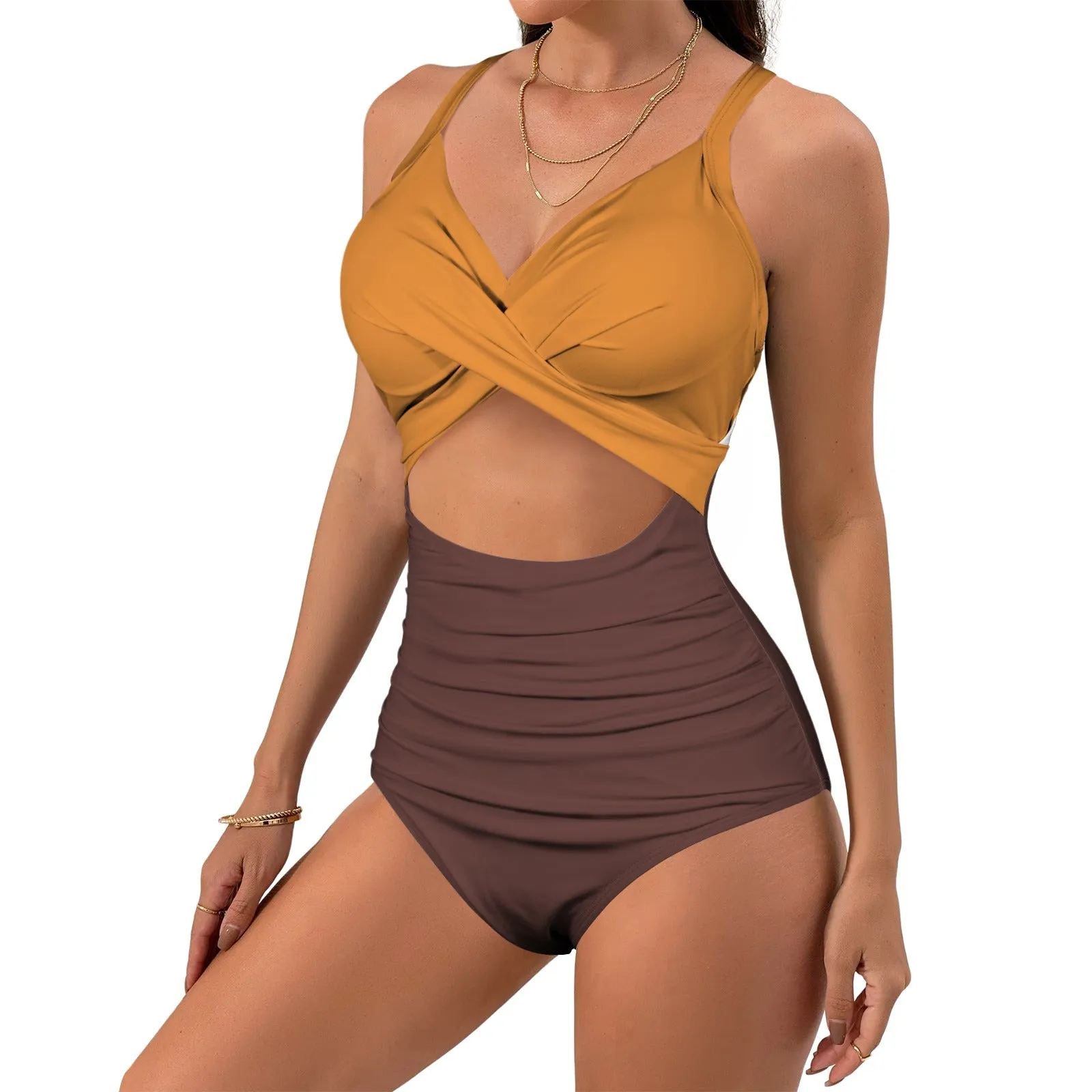 Vampire Art Chic Twist Front Tie Back Swimsuit - Retro Brown and Mustard