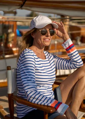 VILLERVILLE - Nautical Striped Top with Colorblock Cuffs | Anti-UV Stretch Fabric (WHITE / ROYAL BLUE / NEON ORANGE)