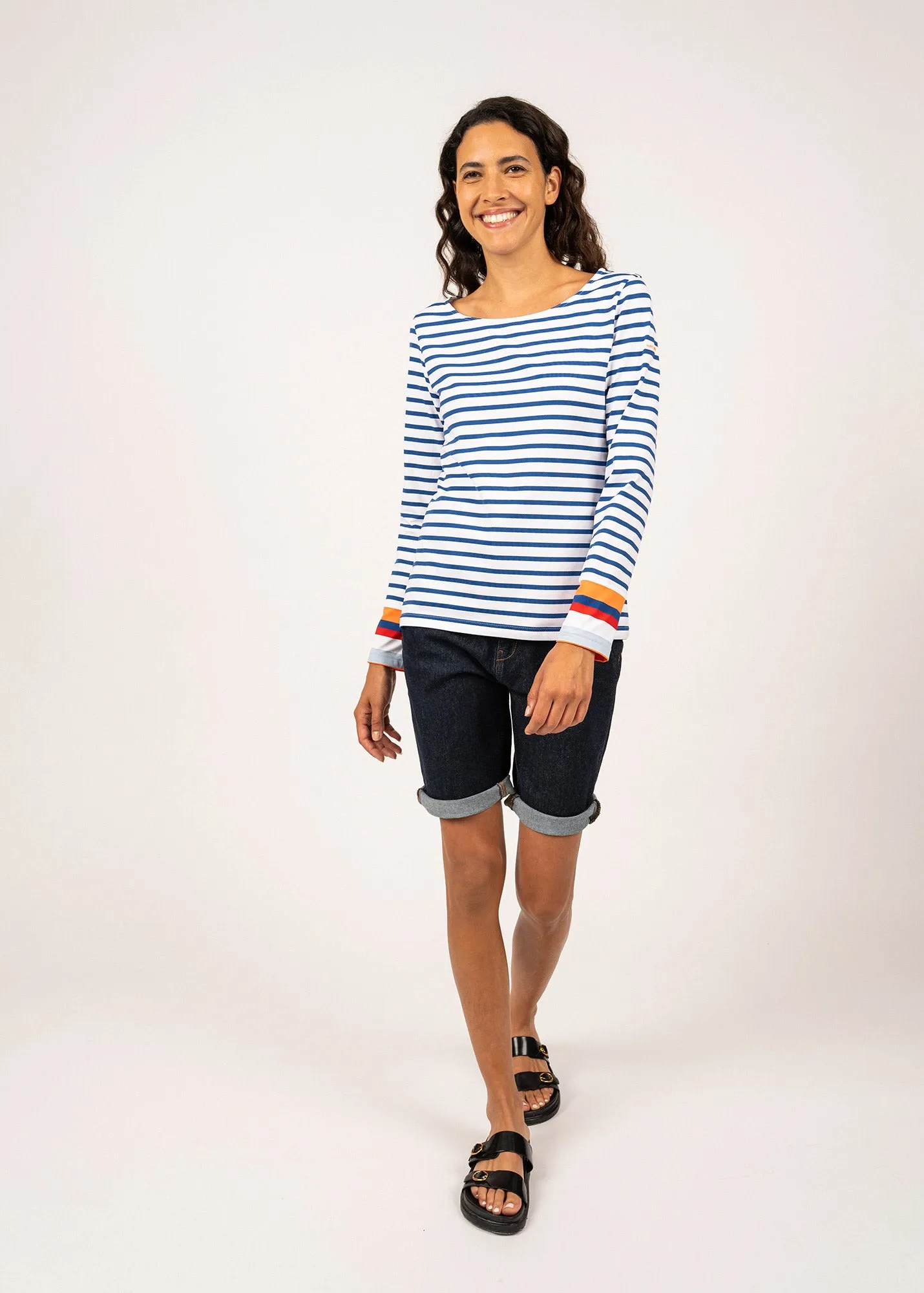 VILLERVILLE - Nautical Striped Top with Colorblock Cuffs | Anti-UV Stretch Fabric (WHITE / ROYAL BLUE / NEON ORANGE)