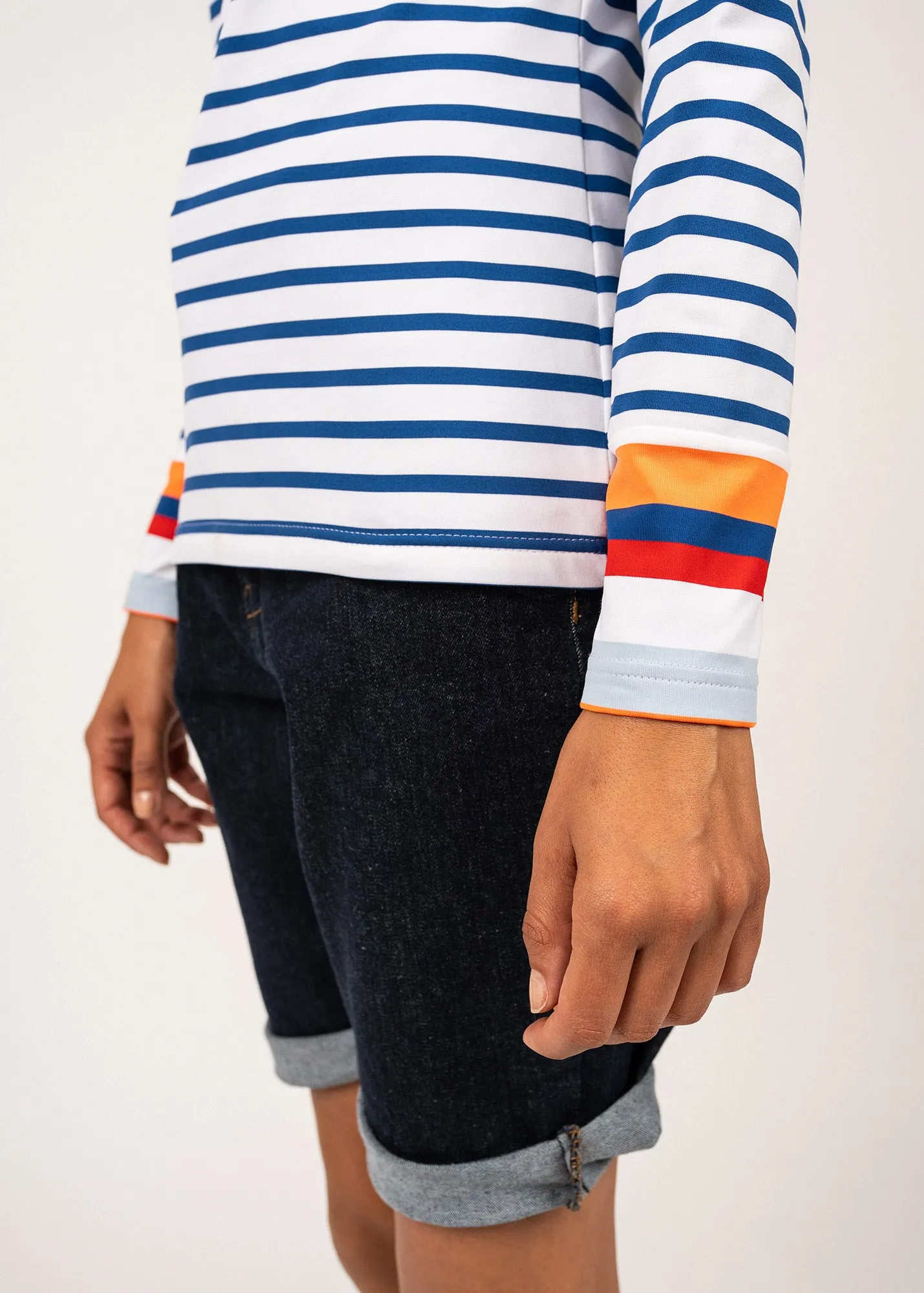 VILLERVILLE - Nautical Striped Top with Colorblock Cuffs | Anti-UV Stretch Fabric (WHITE / ROYAL BLUE / NEON ORANGE)