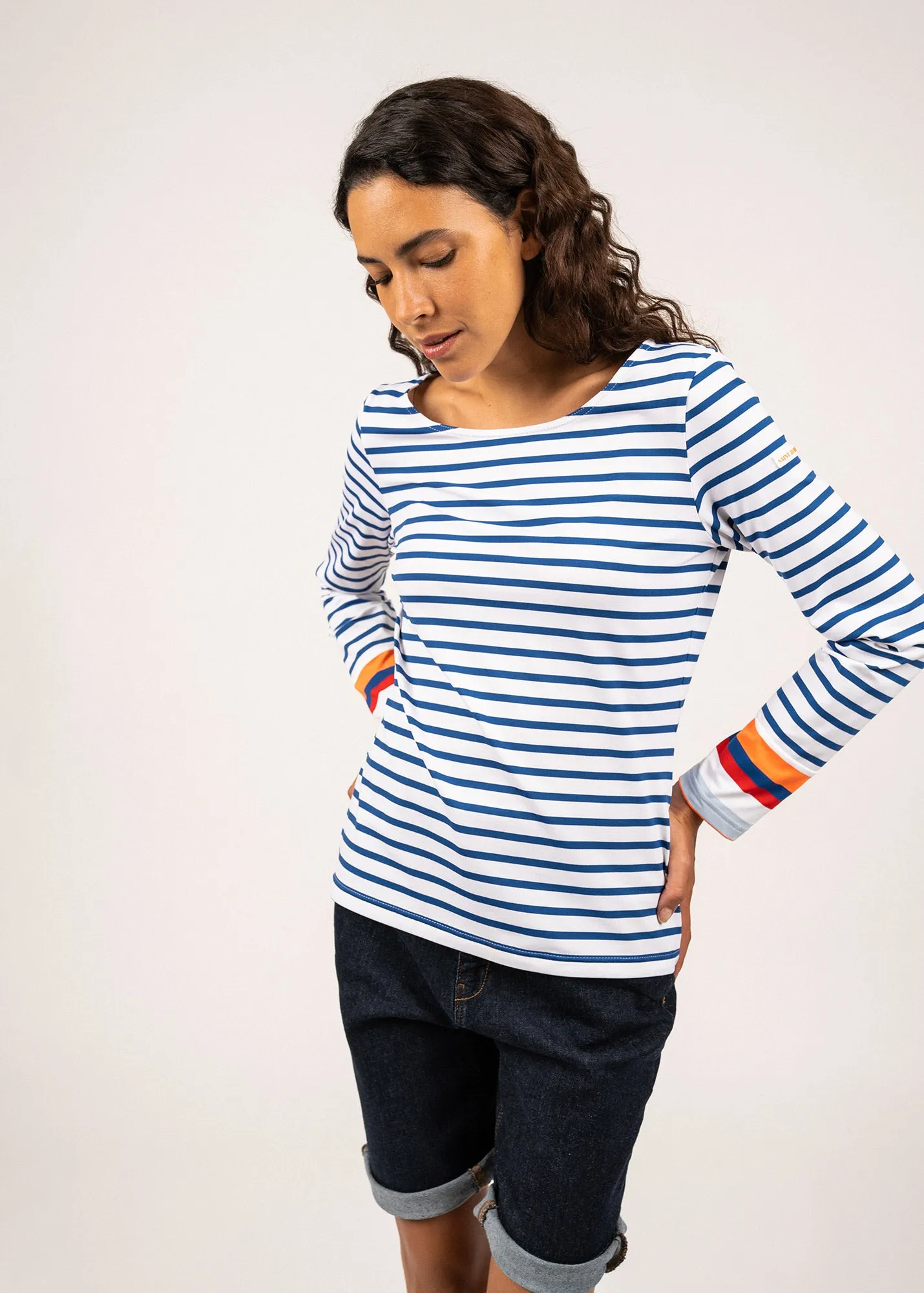 VILLERVILLE - Nautical Striped Top with Colorblock Cuffs | Anti-UV Stretch Fabric (WHITE / ROYAL BLUE / NEON ORANGE)