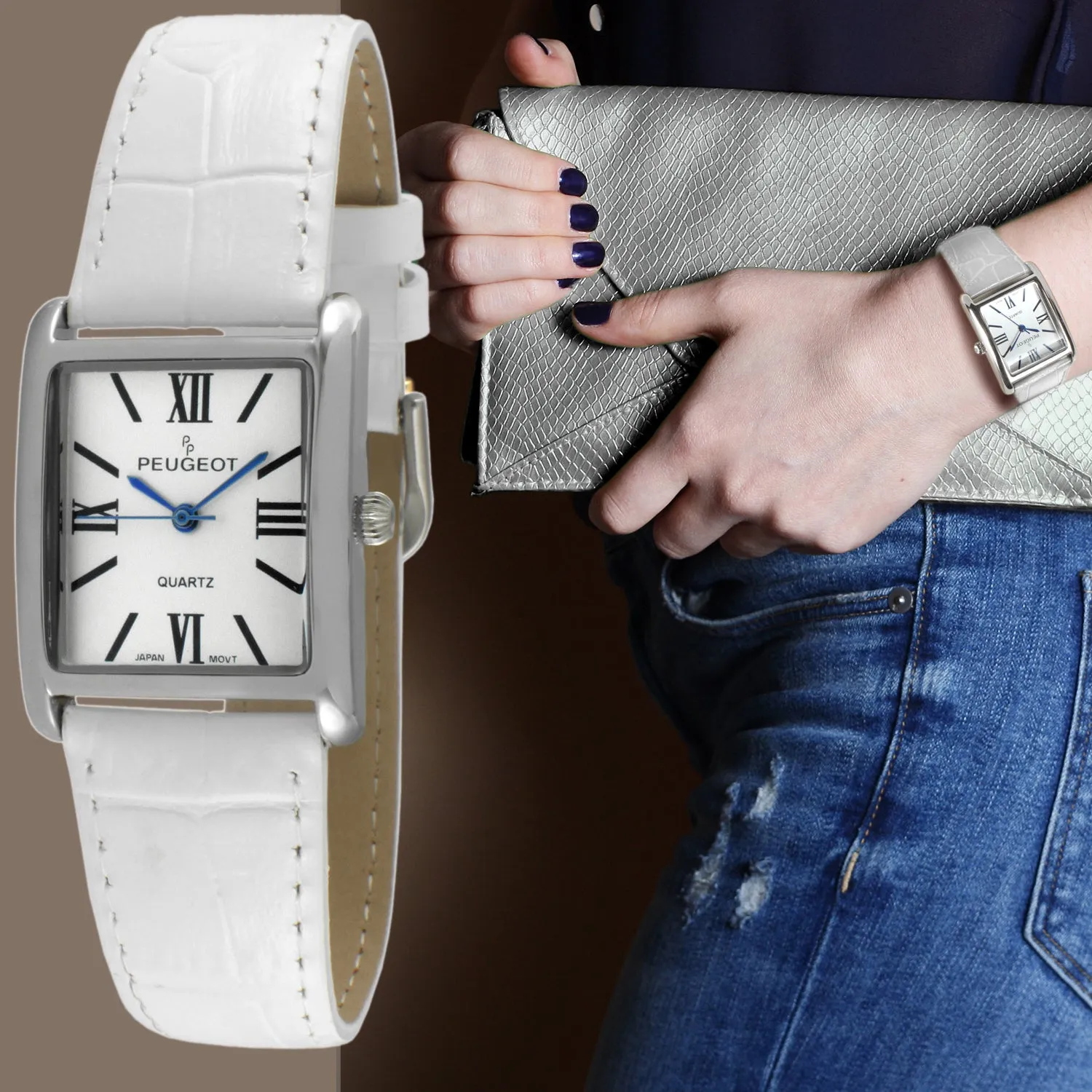 Women's Tank Watch Roman Dial White Leather Strap